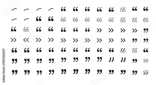 Extensive collection of diverse quotation marks and punctuation symbols in various styles, weights, and designs for typography and layout.