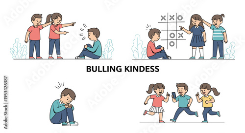 Educational illustration contrasting bullying behavior among school children with acts of kindness, friendship, and positive social interaction.