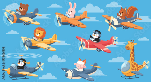 Cute cartoon animals like a bear, bunny, and penguin flying colorful vintage airplanes and a helicopter in a bright blue cloudy sky.