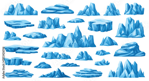 Wide variety of icebergs, glaciers, and ice floes in different shapes and sizes floating on a white background for arctic scenery.
