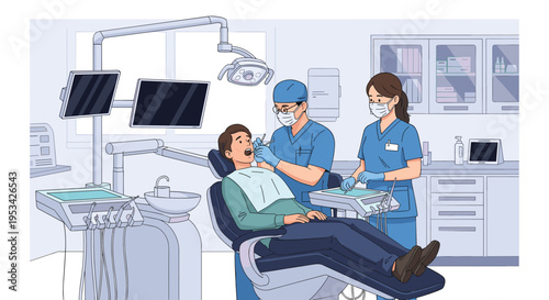 Patient receiving dental treatment from a dentist and an assistant in a modern, fully equipped professional dental clinic office.