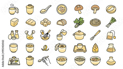 Japanese Cooking Icon Set in Linear Style. A collection of Japanese Food Linear Icons, including miso soup, tofu, shiitake, noodles, bamboo shoot, egg, whisk, dashi, kamaboko, and more. Vector art.