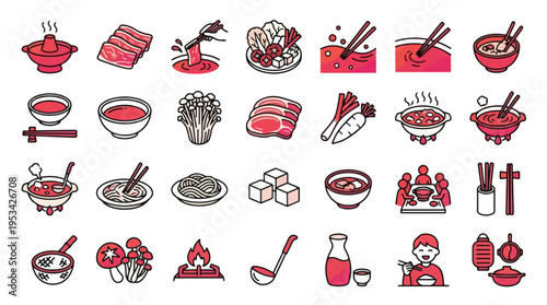 Japanese Hot Pot Icon Set in Linear Style. A collection of Shabu Shabu Linear Icons, including meat, soup, pot, tofu, noodles, ladle, mushrooms, stove, sake, chopsticks, dining, and more. Vector.