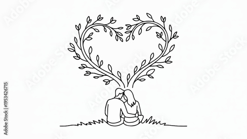 Loving couple sitting under a heart shaped floral arch in a serene natural setting line art illustration