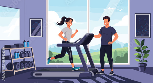 Active woman running on a treadmill in a modern gym while a professional trainer monitors her workout against a scenic window view.