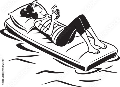 Minimalist black silhouette vector of floating inflatable mattress with pillows on calm water in clean modern stock illustration style