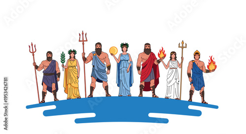 Group of powerful Greek gods and goddesses standing on a cloud including Zeus, Poseidon, Hera, Athena, Ares, and Apollo with their symbols.