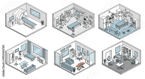 Set of isometric hospital room designs including an operating theater, patient ward, laboratory, and medical imaging facility.