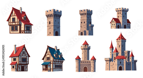 Collection of medieval architecture featuring half-timbered houses, stone towers, and a grand fortress castle with red roofs.