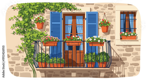 Charming Mediterranean style stone building facade featuring a balcony decorated with colorful flower pots and lush green ivy.