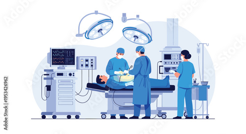 Professional medical team performing a surgical operation on a patient in a high-tech hospital room with modern equipment.