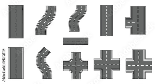 Comprehensive collection of gray asphalt road segments including straight paths, curves, T-junctions, and cross intersections.