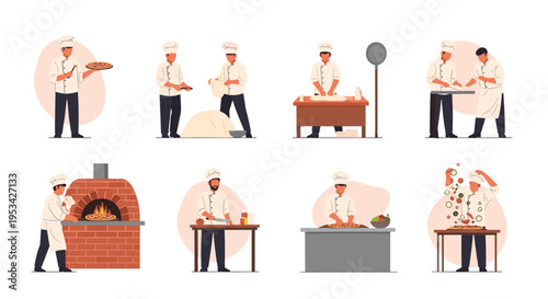 Professional chefs in white uniforms preparing delicious pizza from stretching the dough to baking it in a brick oven.