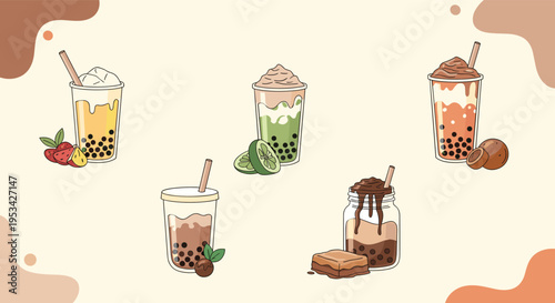 Various flavors of delicious bubble tea with tapioca pearls topped with cream and served with fresh fruits and cookies.
