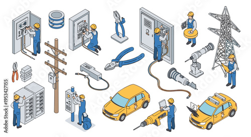 Detailed isometric collection of electrical tools and professional electricians working on power lines and control panels.