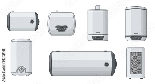 Collection of different modern electric or gas water heaters and boilers in various sizes for residential use.