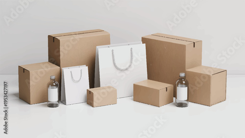 Shipping and product packaging: cardboard boxes and paper bags assortment with a mix of brown cardboard boxes and white paper shopping bags arranged