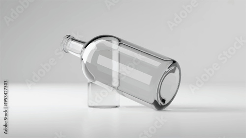 Clear glass bottle mockup tilted on pedestal with blank label with white background