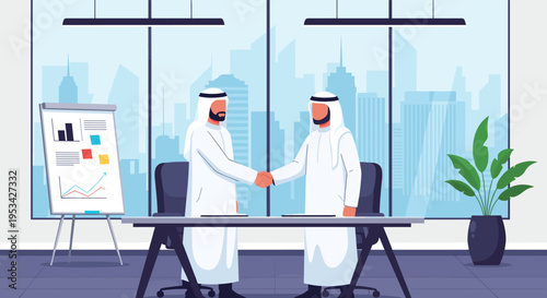 Two successful Arab businessmen in traditional white clothing shaking hands after a successful meeting in a modern office.