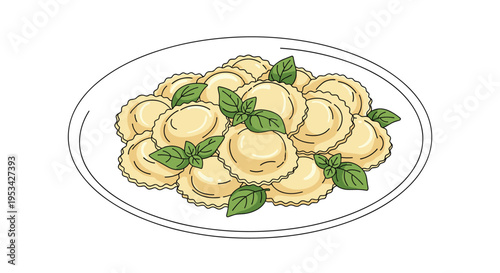 Plate of delicious fresh ravioli pasta garnished with green basil leaves on a clean white ceramic dish.