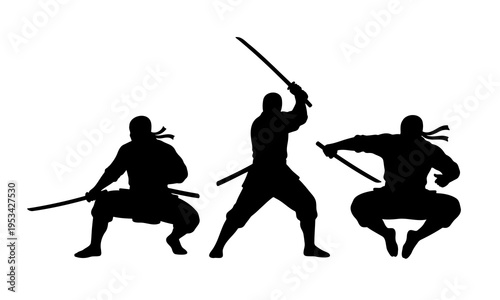 Set of ninja warriors silhouettes in various combat poses 