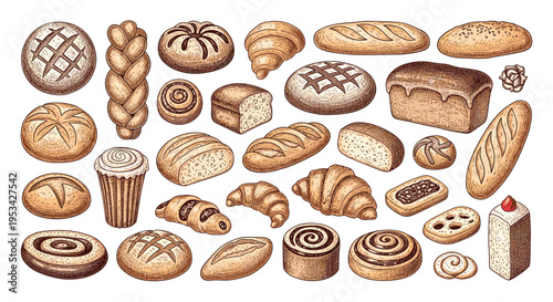 Extensive collection of freshly baked goods including various breads, baguettes, croissants, buns, and sweet pastries.