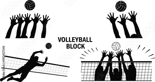 Black and white line of volleyball players performing a block at the net line volleyball