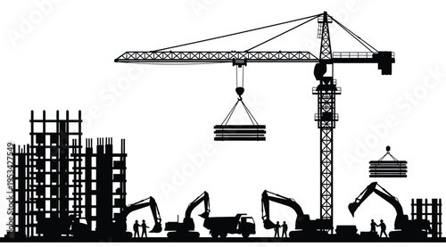 Construction site with crane excavators and building framework silhouette