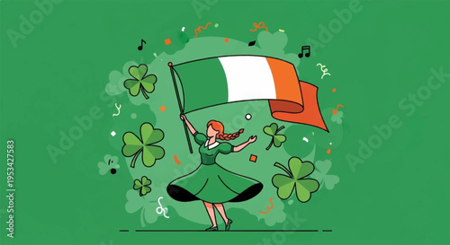 Woman dancing with irish flag surrounded by shamrocks and confetti on green background celebrating st patrick's day with joyful atmosphere and festive decorations