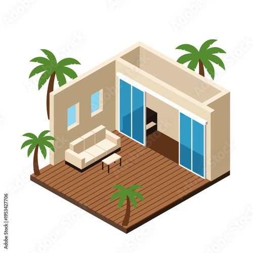 Modern House with Deck and Palm Trees.