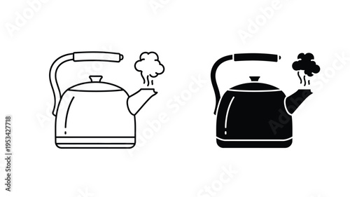 Two kettle illustrations one outlined and one filled a striking silhouette