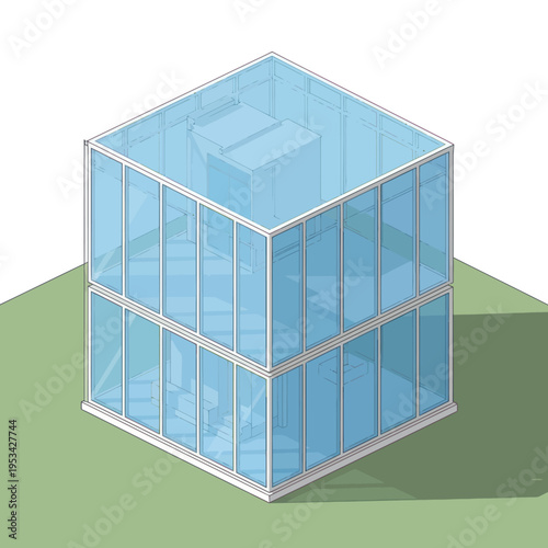 Transparent Glass Cube Structure with Reflections.