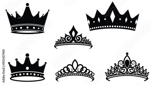 Collection of ornate royal crowns in a striking black silhouette