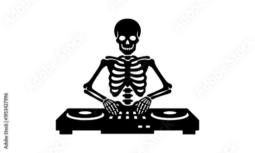 Human skeleton DJ playing music on turntable mixer silhouette isolated on white