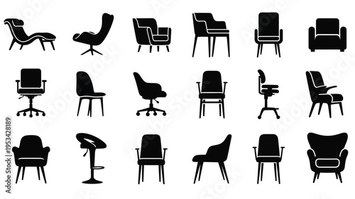Variety of chair designs displayed as a black silhouette