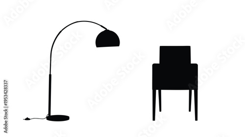 Minimalist interior design with a floor lamp and chair silhouette