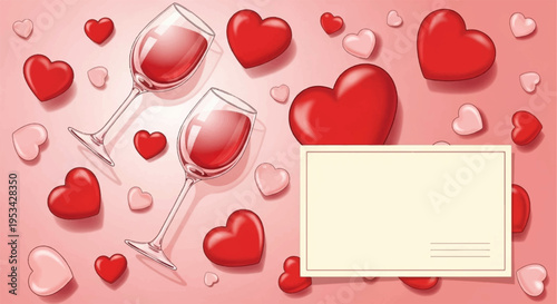 Romantic valentine's day background with wine glasses hearts and blank card for love message on pink
