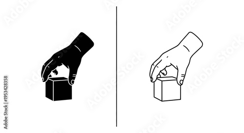 A human hand grasping a simple cube, illustrating creation or possession in black and outline forms.