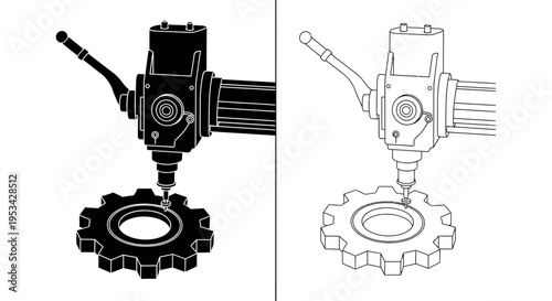 An industrial machine tool precisely working on a gear, representing manufacturing and mechanics.