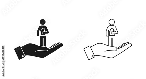 A person standing securely on an open human hand, representing support, protection, and care.