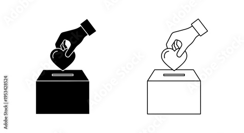 A hand placing a heart into a donation or ballot box, symbolizing giving and charity.