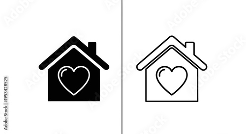 A simple house icon featuring a heart in its center, representing love and home.