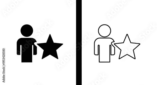 A person icon standing next to a star, symbolizing favorite status, best employee, or high rating.