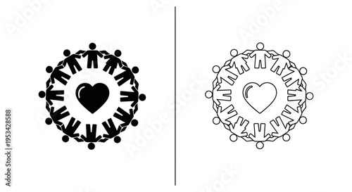 A large circle of diverse people holding hands around a central heart, representing global unity and love.