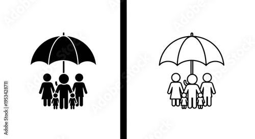 Black silhouette and outline icons of a family protected by an umbrella.