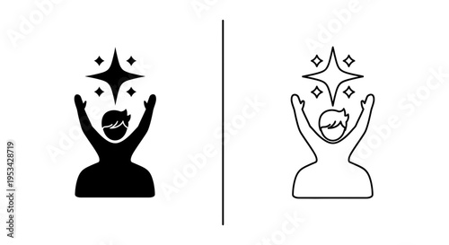 A black silhouette and outline of a person with arms raised and stars indicating success.