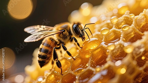 Close-up image of honeybee working on a honeycomb, likely within a beehive.