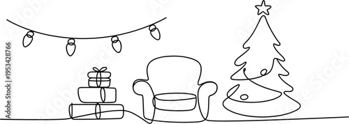 Minimalist Christmas living room with armchair, gifts, and tree vector illustration