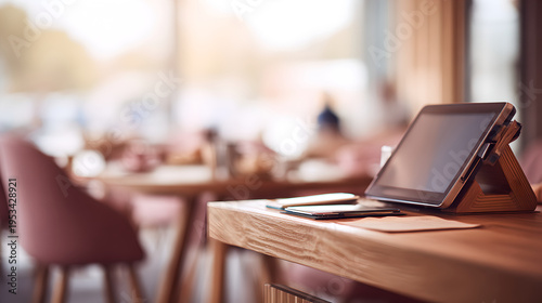 Digital Tablet Point of Sale System on Wooden Restaurant Table
