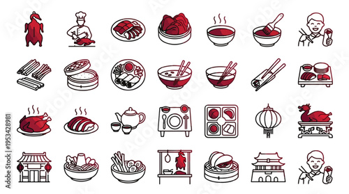 Peking Duck and Chinese Food Icon Set in Linear Style. A collection of linear icons including roast duck, chef, steamed buns, soup, chopsticks, rolls, lantern, teapot, hot pot